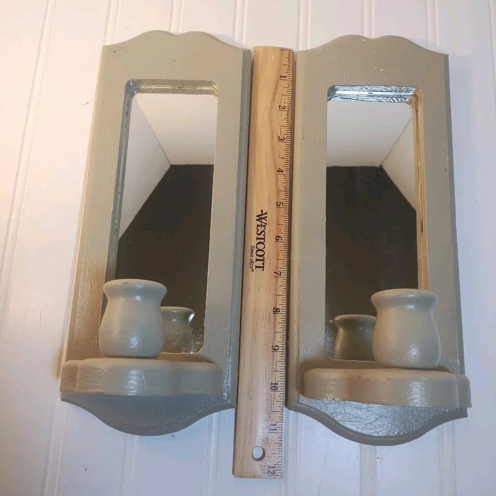 Pair Vintage Wood Gray Wall Candle‎ Sconce Mirror Farmhouse Cottage Painted 11